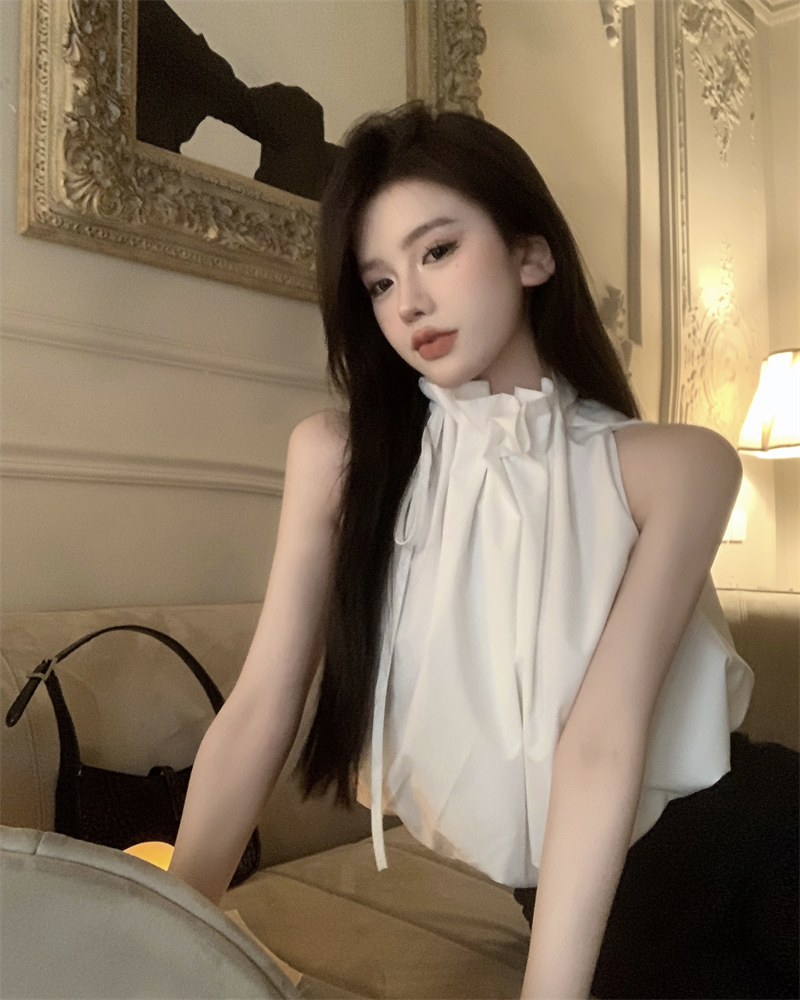 法式花苞领无袖衬衫女夏季别致漂亮雪纺小衫纯欲辣妹性感挂脖上衣