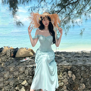 蓝色温柔风网纱海边度假拍照氛围感连衣裙女夏季 法式 方领气质裙子
