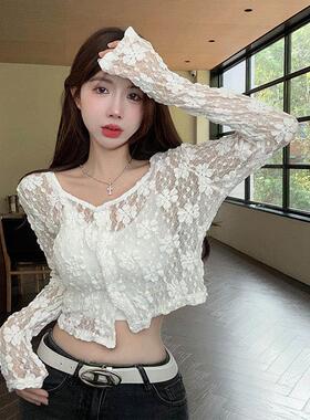 纯欲风白色防晒衣蕾丝开衫外套女夏季披肩镂空微透长袖短款上衣潮