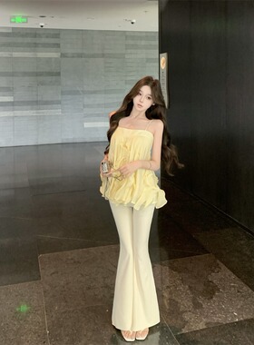 鹅黄色短款吊带小背心女夏季荷叶边修身无袖外穿辣妹显瘦内搭上衣