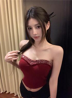 重工镶钻无袖抹胸背心女春季修身内搭高级感红色裹胸纯欲打底上衣