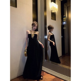 气质千金黑色挂脖吊带礼服裙连衣裙女装夏季重工A字裙长款裙子