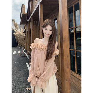 甜美法式一字肩长袖雪纺衫衬衫女2025秋季新款设计感立体花朵上衣