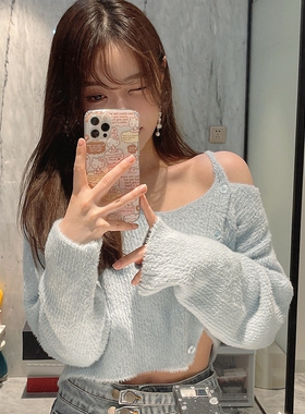 小众设计感毛针织衫短款别致纯欲上衣女法式高端露肩t恤打底初秋