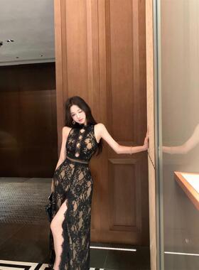 轻成熟风格无背无袖女背心连衣裙夏季蕾丝拼接腰裙设计紧身长裙