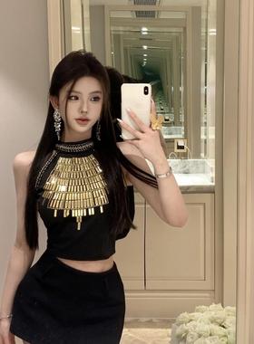 黑色重工烫片挂脖小背心女夏季修身显瘦纯欲辣妹小众短款外穿上衣