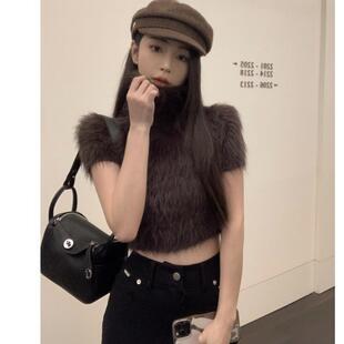 高领水貂绒短袖毛衣女秋冬季新款高腰短款内搭茶里茶气别致上衣