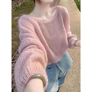 法式灯笼袖粉色套头马海毛毛衣女2026早秋季新款慵懒风针织衫上衣