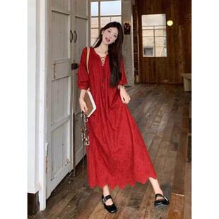 2025年春夏新款云南新疆草原旅游连衣裙民族风蕾丝镂空刺绣长裙子