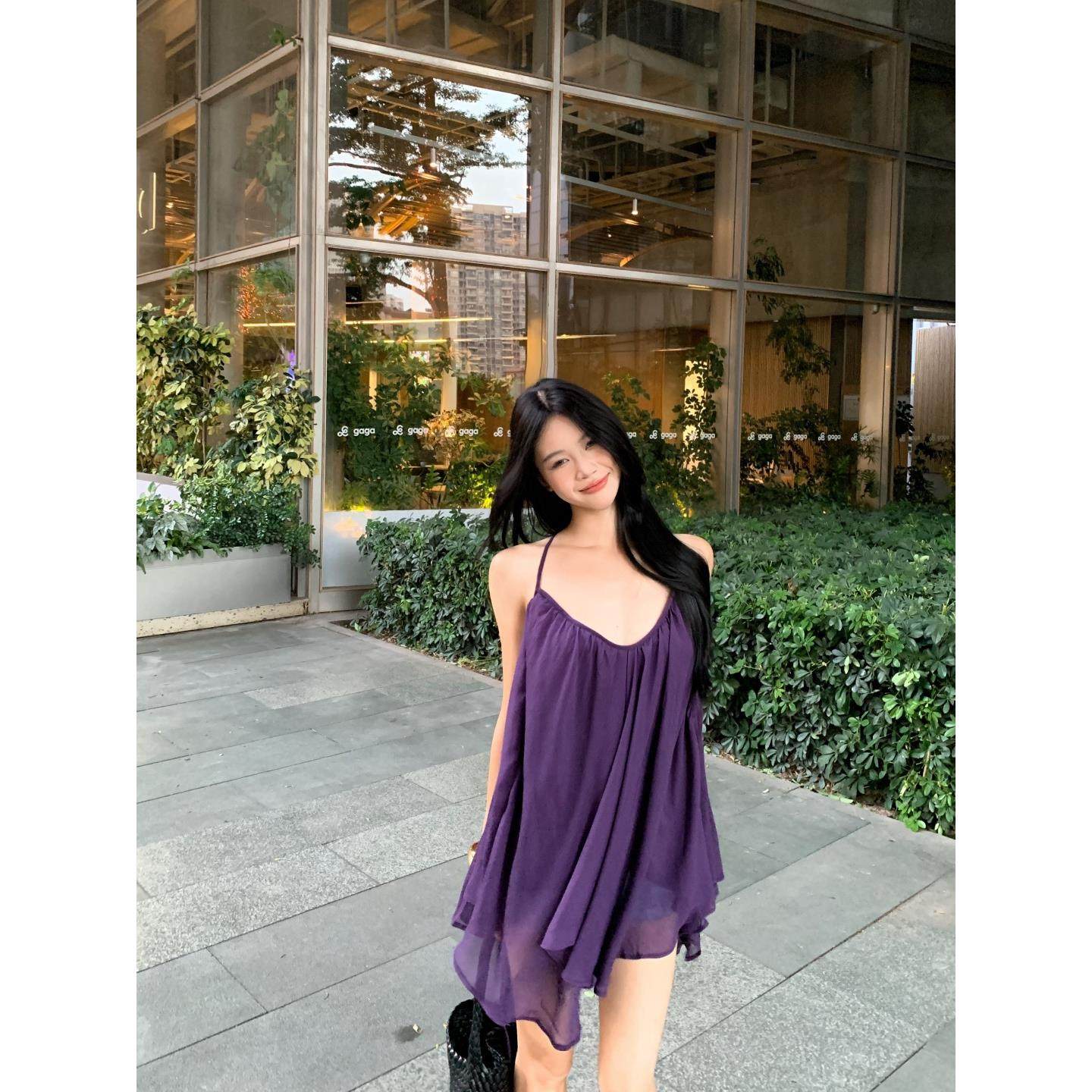 紫色性感露背v领挂脖吊带背心女夏季宽松无袖外穿纯欲风雪纺上衣,女装/女士精品,背心吊带,淘宝优惠券,粉丝福利购,淘宝优惠卷