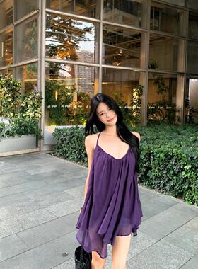 紫色性感露背v领挂脖吊带背心女夏季宽松无袖外穿纯欲风雪纺上衣