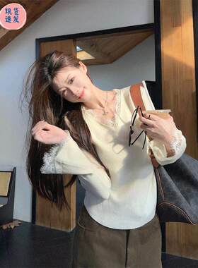 法式低领蕾丝拼接打底衫女