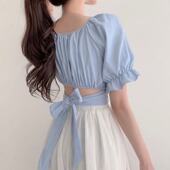衬衫 蝴蝶结系带收腰高腰露脐短款 上衣 小众方领泡泡袖 韩国chic法式