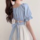 衬衫 蝴蝶结系带收腰高腰露脐短款 上衣 小众方领泡泡袖 韩国chic法式
