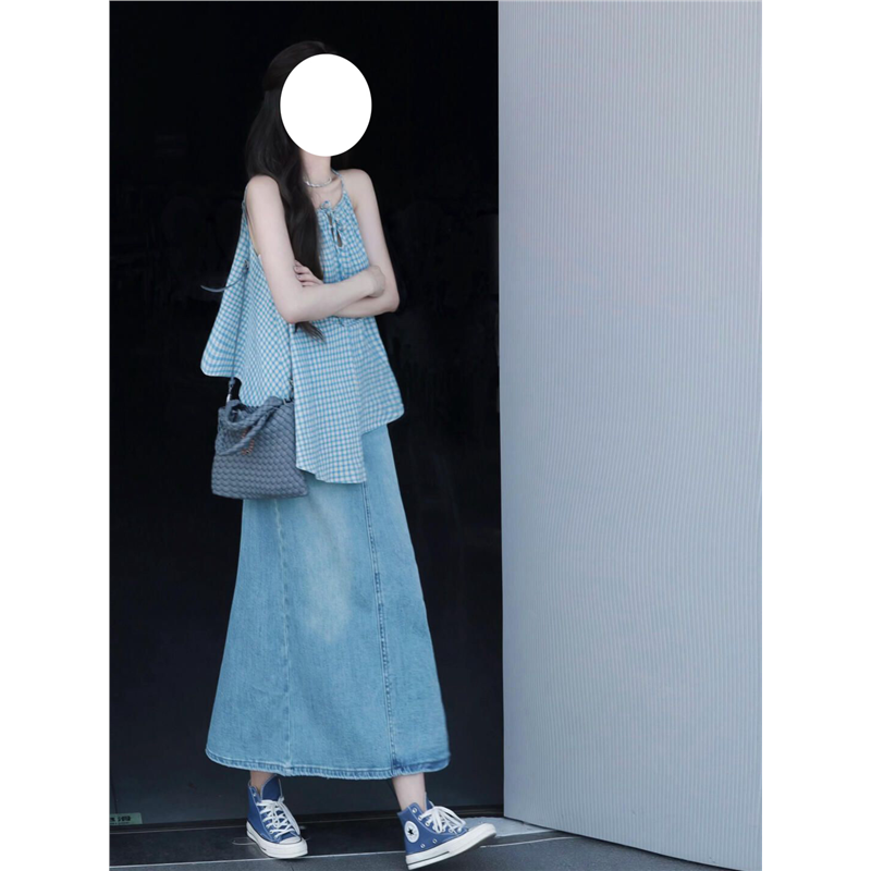 蓝色格子吊带背心女装夏季新款设计感小清新不规则抽绳挂脖上衣