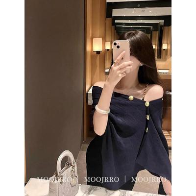 法式一字肩不规则针织斗篷