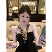 微胖法式 名媛重工镶钻挂脖吊带连衣裙女高级感气质收腰度假长裙