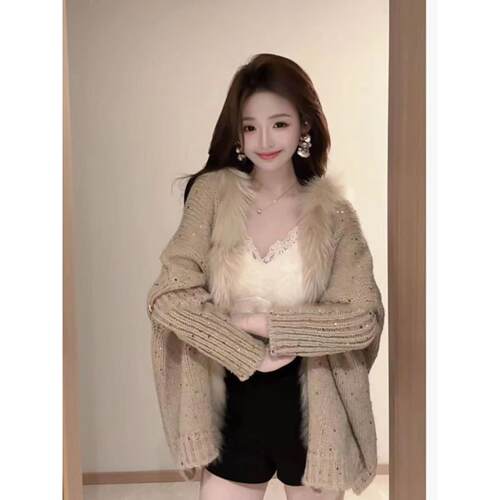 重工毛领亮片衣开衫外套女