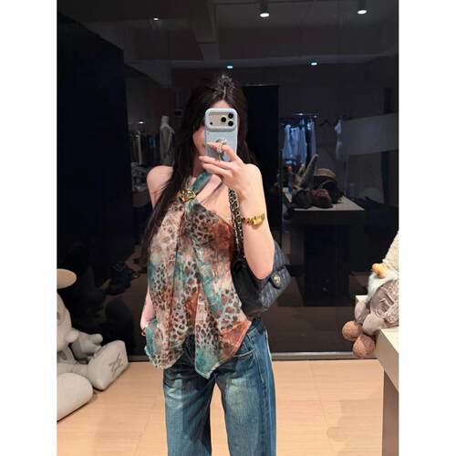 美式复古豹纹挂脖吊带背心上衣女