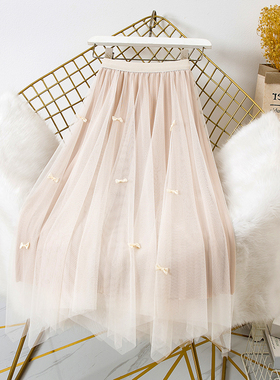 不规则两面穿金亮丝网纱半身裙女秋冬高腰显瘦蝴蝶结百褶纱网裙子