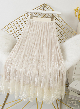 金丝绒半身裙女秋冬季2025新款中长款百搭高腰百褶裙蕾丝网纱裙子