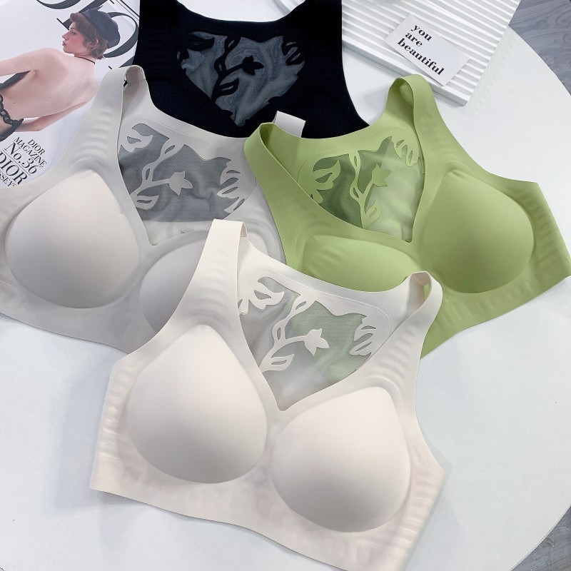 无痕网纱蕾丝美背文胸女夏季新款无钢圈裸感上托聚拢内衣背心式潮