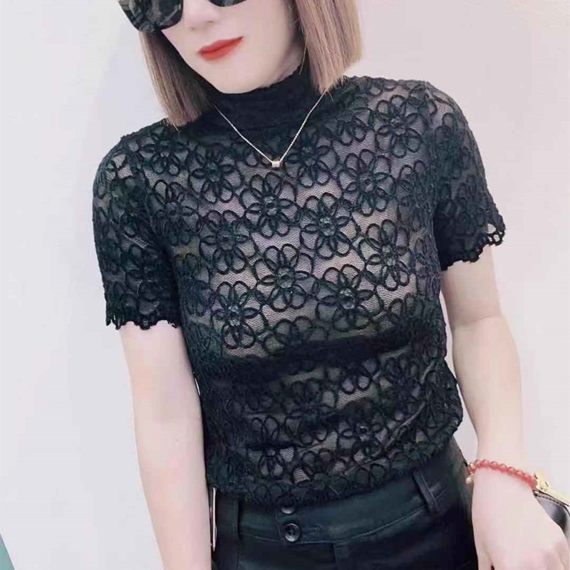 黑色立领蕾丝上衣女早秋新款中领短袖打底衫修身显瘦蕾丝衫小衫潮