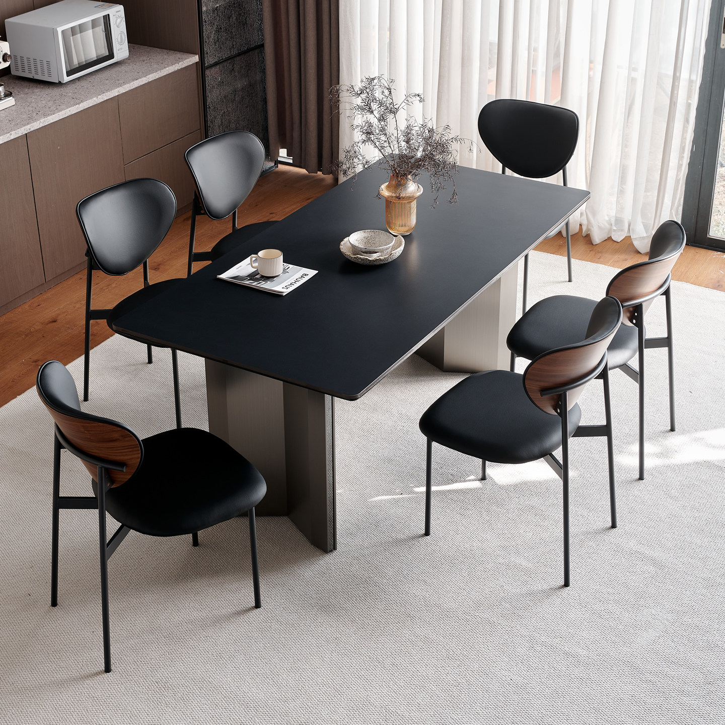 意式轻奢纯黑岩板餐桌不锈钢腿现代简约小户型家用全托底板长方形,住宅家具,岩板餐桌,淘宝优惠券,粉丝福利购,淘宝优惠卷