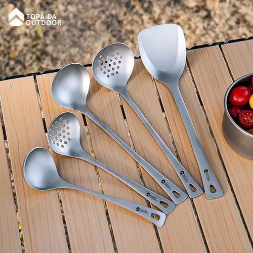 纯钛锅铲汤勺漏勺加厚户外野营家用厨房炒菜火锅勺可挂钩盛汤勺