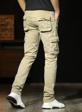 男士秋季显瘦休闲裤时尚多兜直筒长裤修身卡其弹力多口袋工装裤潮