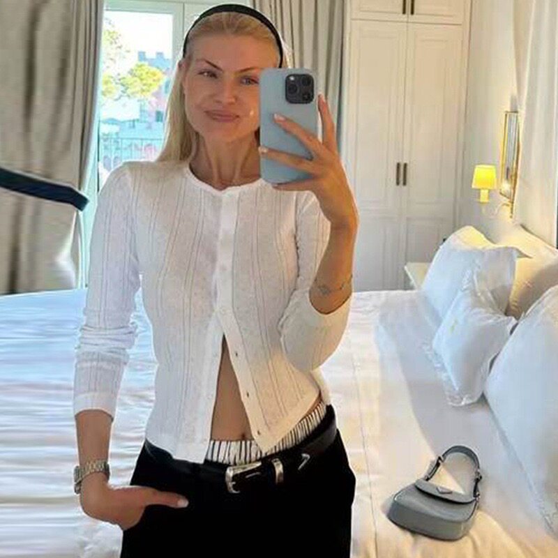 现~小众coucou *千禧辣妹白色花边拼接针织长款长袖开衫外套上衣