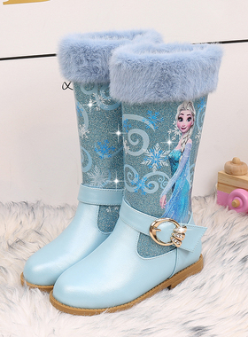 儿童靴子女童高跟公主靴秋冬季小女孩加绒棉鞋宝宝蓝色爱莎雪地靴