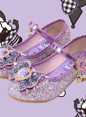 女童库洛米紫色公主鞋儿童高跟单鞋女孩水晶鞋2025春秋季软底皮鞋