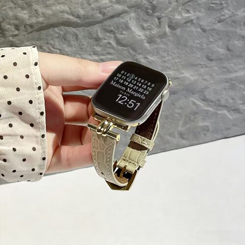 双管圆鳄纹真皮表带适用于AppleWatchs10新苹果watch98765se/S11