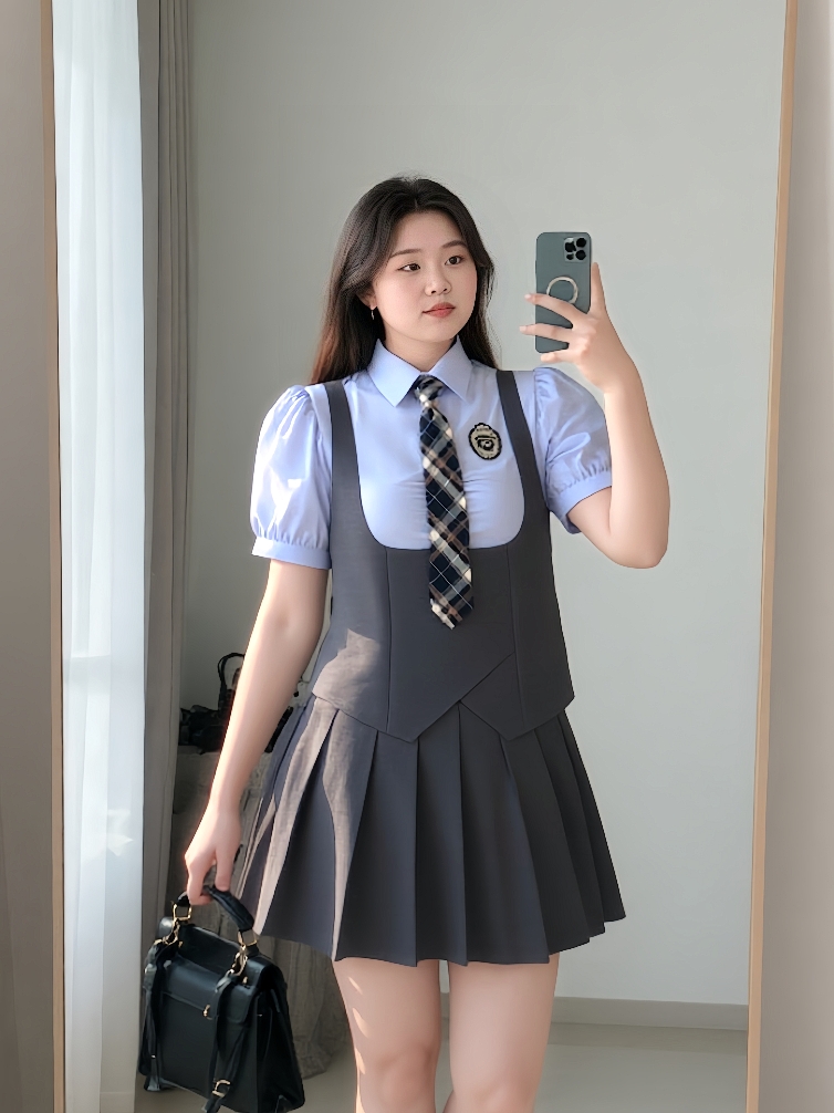 大码女装2025夏新款胖mm显瘦遮肉衬衫+百褶半身裙两件套学生学院