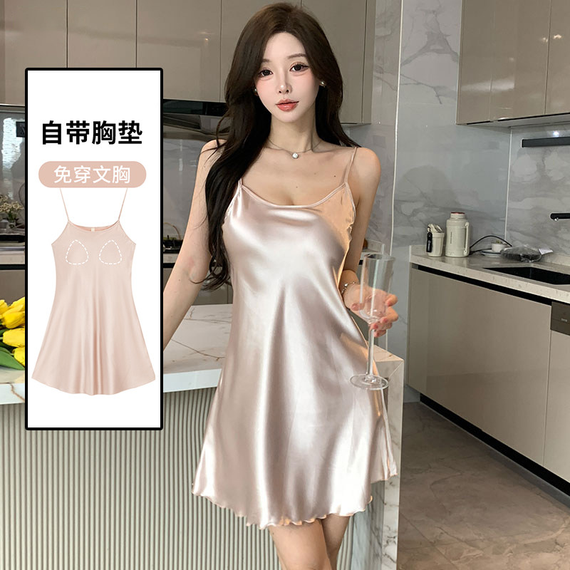 冰丝睡裙女士夏季薄款吊带胸垫性感高级感睡衣丝绸凉感连衣裙夏天图片