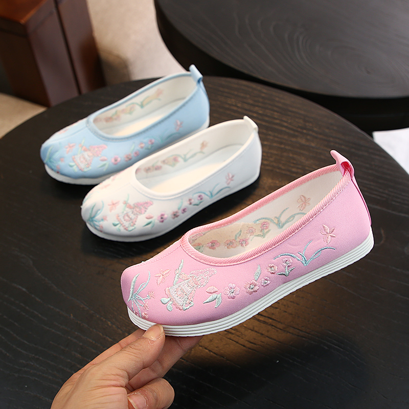 新款中国风儿童绣花鞋女童宝宝翘头软底绑带弓鞋古装汉服手工布鞋