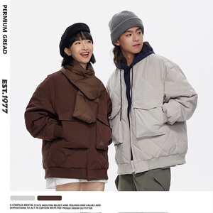 DKSTORE特氟龙三防日系复古菱形格棒球羽绒服新品90绒情侣大口袋