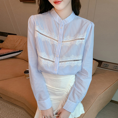 竖条纹衬衫女春镂空蕾丝花边衬衣