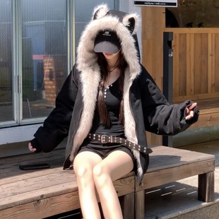 鹿皮绒派克服外套女冬短款可爱学院仿兔毛连帽子带耳朵夹棉衣棉服