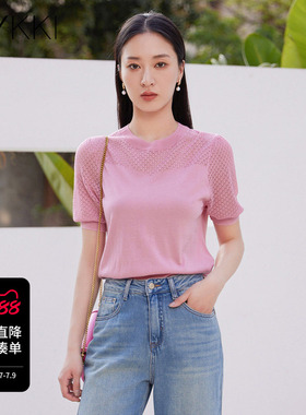 IVYKKI艾维镂空天丝针织衫T恤女2026夏季新款短袖莱赛尔百搭体恤