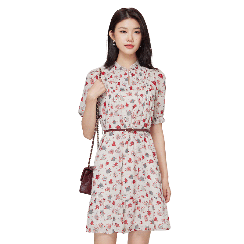 IVYKKI艾維收腰顯瘦碎花裙優(yōu)雅氣質(zhì)中長款連衣裙女2024年夏季新款