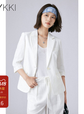 IVYKKI艾维亚麻西装夏季轻薄短外套女气质百搭西服透气白色上衣