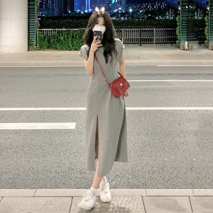 灰色開叉t恤連衣裙女夏新款 設(shè)計(jì)感圓領(lǐng)裙子收腰修身 顯瘦 時(shí)繭
