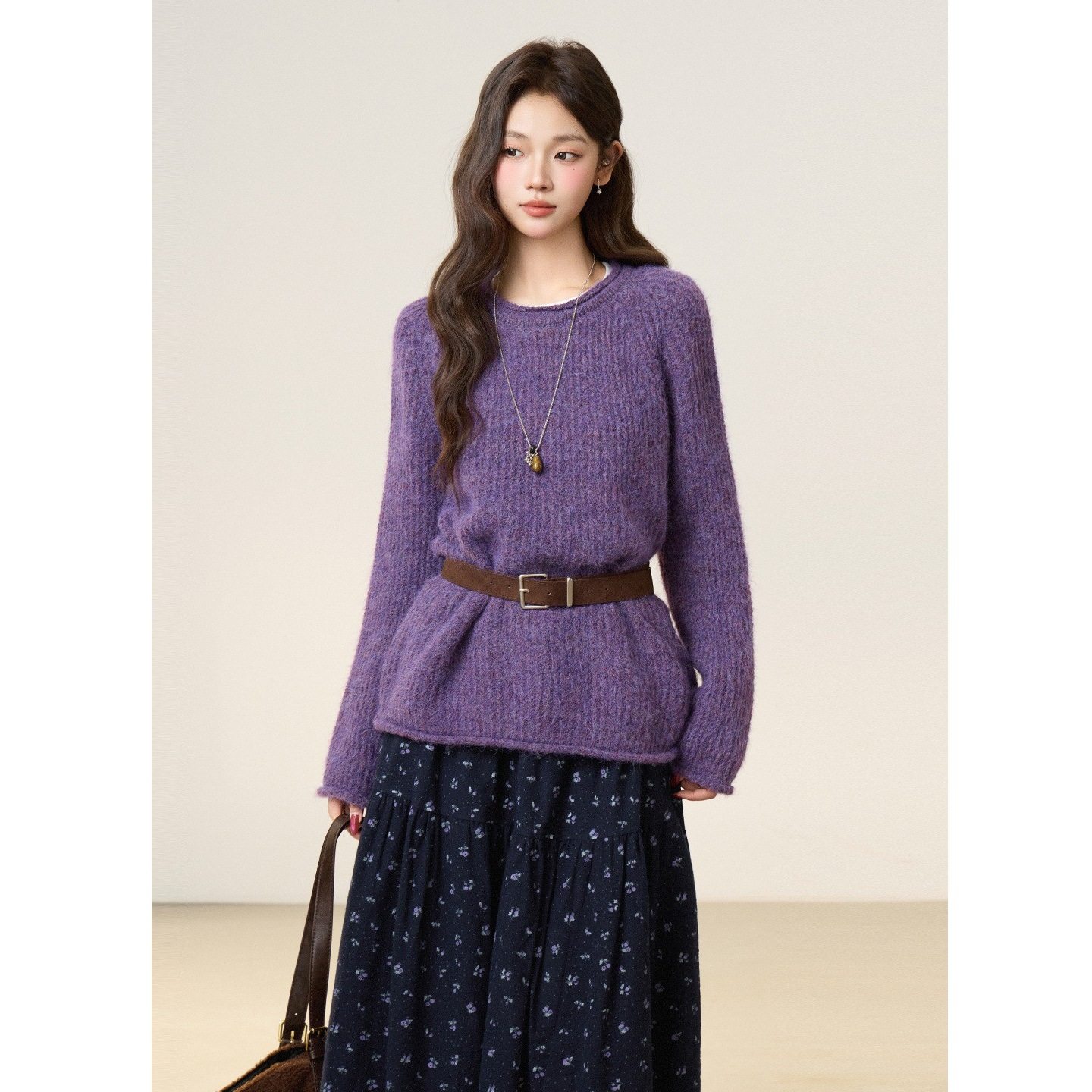 紫色毛衣女秋冬2025新款宽松外穿软糯羊毛针织衫内搭打底上衣