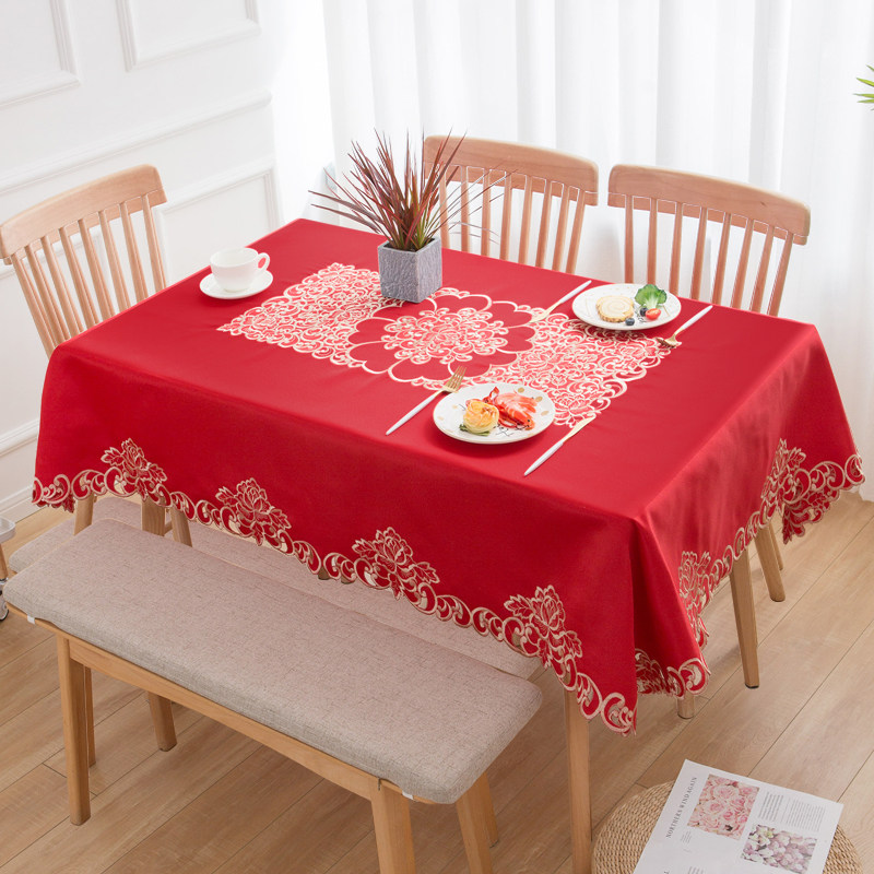 红色桌布中式婚礼结婚喜庆绣花冰箱台布长方形茶几圆桌多功能盖布