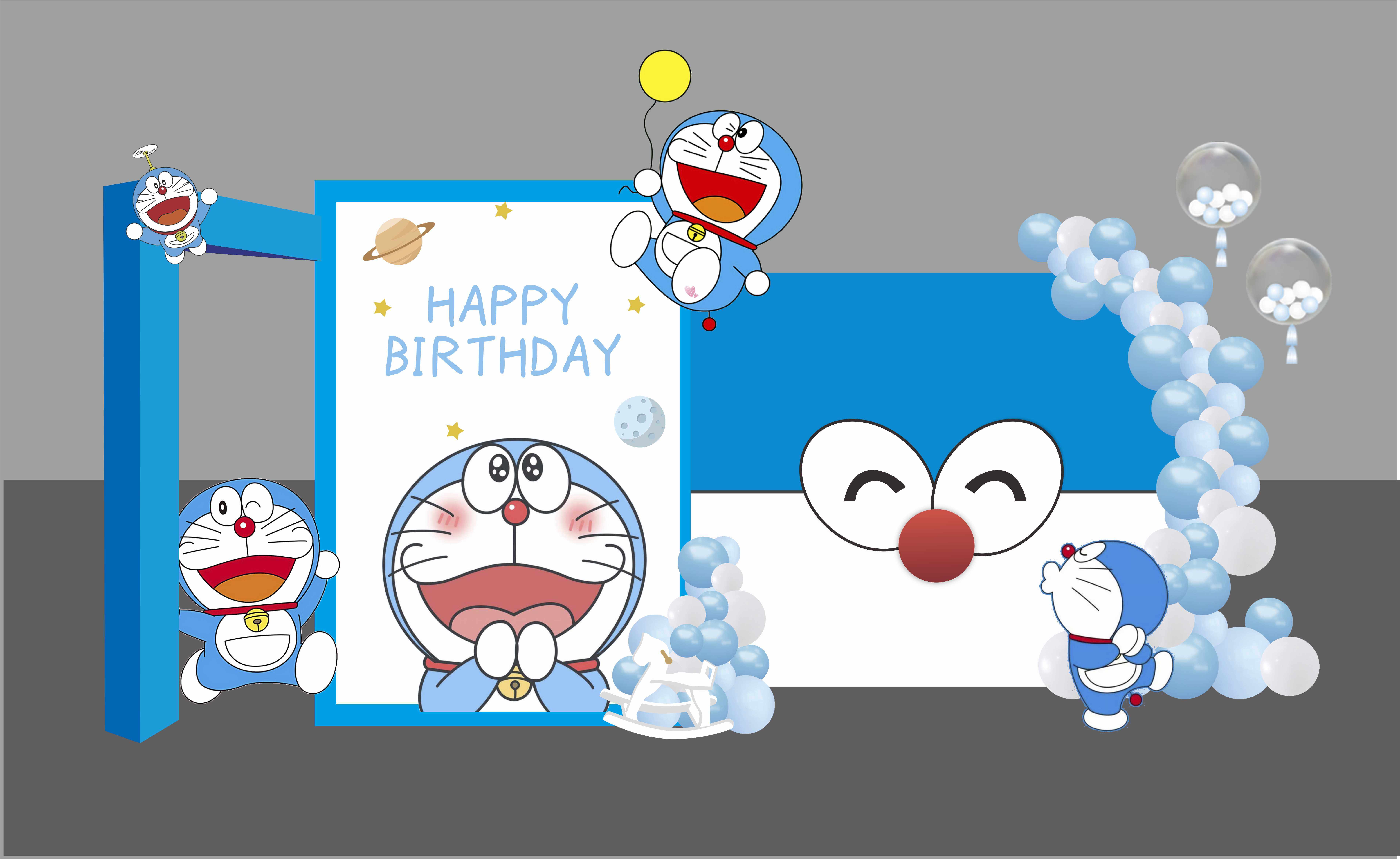 哆啦a梦派对素材卡通气球派对叮当生日派对百日满月背景宝宝生日