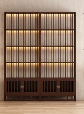 新中式实木博古架多宝阁柜茶室茶叶架茶具架置物架隔断带灯展示架