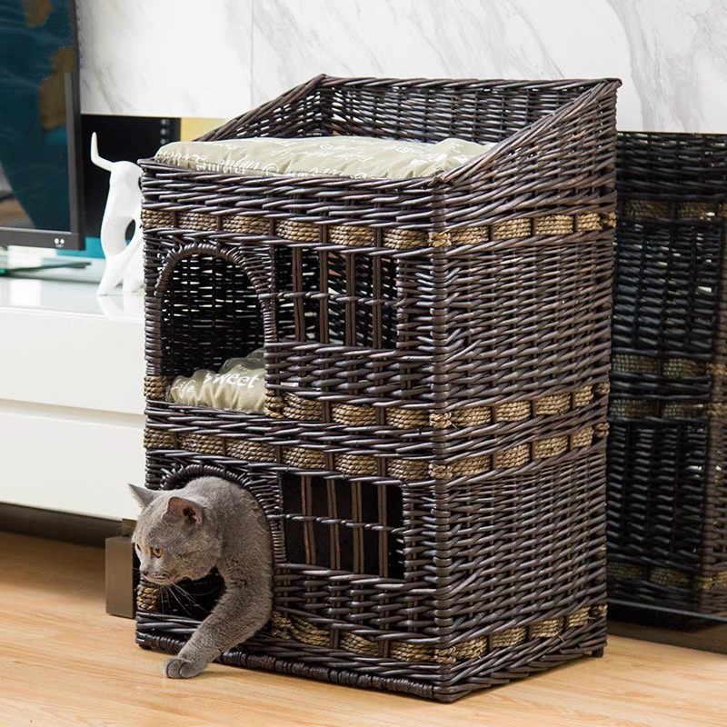 猫窝藤编三层豪华别墅封闭式猫窝四季通用猫笼房子猫舍夏季可拆洗_虎窝淘
