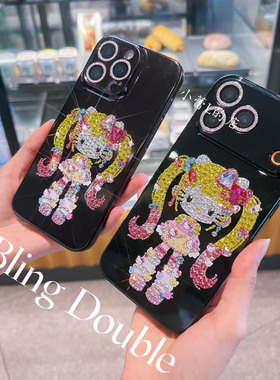 马尾kitty长腿kitty黑色水钻手机壳适用苹果17promax/16p/17p华为